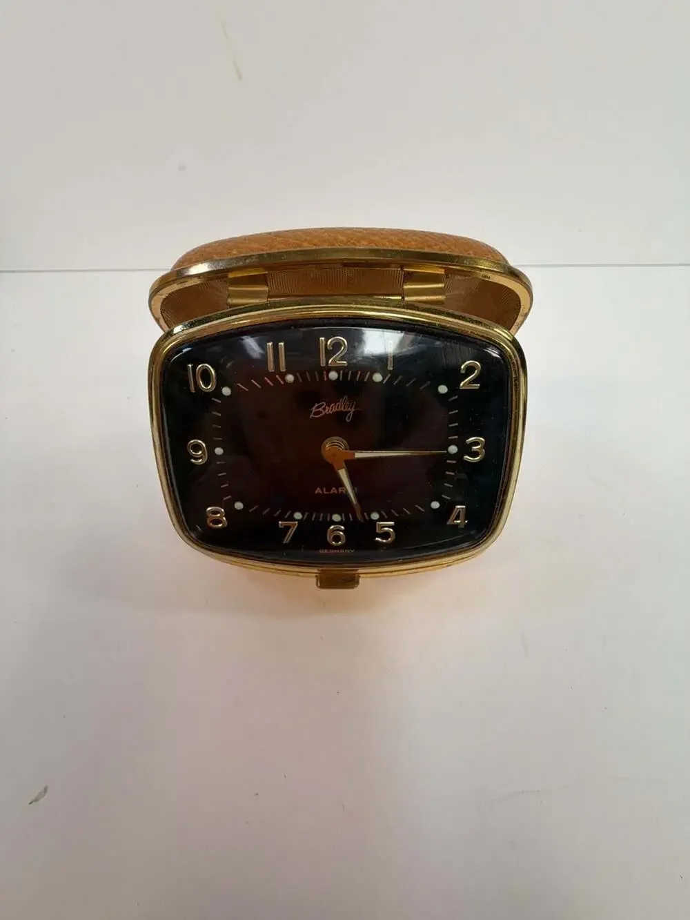 Vintage Bradley Wind-Up Clamshell Travel Alarm Clock, Gold-Tone & Tan Leather Ca